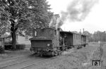 Lok 2 mit dem einzigen noch verkehrende Zug auf der Kleinbahn Vechta - Cloppenburg in Cappeln/Old. (12.05.1961) <i>Foto: Gerd Wolff</i>