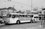 1957 beschafften die Wuppertaler Stadtwerke die mächtigen Anderthalbdeckerbusse Nr. 311 und 312 (Foto). Diese Busse fassten immerhin 150 Personen, waren hingegen mit 12 Meter Länge und 3,65 Meter Gesamthöhe recht kompakt und konnten die meisten vorhandenen Unterführungen noch passieren. Freizügig eingesetzt auf allen Wuppertaler Linien wurden sie aber nicht. Charakteristisch war die abgesenkte Einstiegsplattform im Heck unter dem Oberdeck. Als Dieselfahrzeug wurde dieser Bustyp in vielen Hunderten Exemplaren an verschiedene Verkehrsbetriebe verkauft - inklusive an die Stadtwerke Wuppertal. Als O-Bus wurden allerdings nur bescheidene 22 Exemplare gebaut. Neben den Wuppertalern gab es einen für die Fahrgäste in Aachen und der Rest kam nach Niedersachsen zu den Stadtbetrieben in Hildesheim und Osnabrück. Hier steht der Wagen 312 auf der Linie 16 nach Beyenburg an der Haltestelle Berliner Platz in Wuppertal-Oberbarmen.  (1969) <i>Foto: Jonathan Ward</i>
