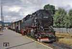 Die Neubaumaschine 99 247 wurde 1956 ursprünglich für die Schmalspurbahn Eisfeld - Schönbrunn gebaut. Damals noch zur Reichsbahn gehörend, ist sie hier in Niedersachswerfen Ost auf der Harzquerbahn unterwegs.  (04.08.1964) <i>Foto: Robin Fell</i>
