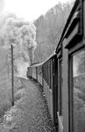 97 504 schiebt einen Personenzug nach Lichtenstein (Württ). Auf dem Zahnstangenabschnitt von Honau bis Lichtenstein überwand die Bahn mit einer Maximalsteigung von 1:10 auf einer Länge von 2,15 Kilometer einen Höhenunterschied von 179 Metern. (06.05.1962) <i>Foto: Gerd Wolff</i>