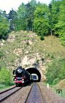 01 1066 mit dem zweiten Sonderzug aus Bayreuth (D 18600) am "Dreitunnelblick" zwischen Velden und Rupprechtstegen im Pegnitztal nahe Lungsdorf.  (16.05.1985) <i>Foto: Joachim Bügel</i>