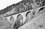 Auf dem 224 m langen Viadukt überwindet die Höllentalbahn einen Höhenunterschied von 12 m. E 244 21 befährt die Brücke mit P 1561 auf dem Weg von Freiburg nach Titisee. Der P 1561 war normalerweise ein Pt 1561 und endete in Neustadt. Als Ersatzgarnitur (wegen zu großem Reisendenaufkommen an Pfingstmontag ?) sehen wir deshalb nicht die typischen Höllentalwagen aus Einheitsnebenwagen.  (18.05.1959) <i>Foto: Helmut Röth</i>