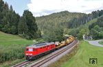 232 254 mit dem einzigen montags verkehrenden Arlberg-Umleiterzug EZ 45193 (Bludenz - Lindau-Reutin - München-Laim Rbf - Hall in Tirol) kurz vor Oberstaufen. (20.08.2018) <i>Foto: Joachim Bügel</i>