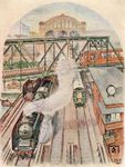 Eine Postkarte aus der Reichsbahnserie "Reisen einst und jetzt" - Nr.6 Im modernen D-Zug. Die Szene ist der Ausfahrt aus dem Anhalter Bahnhof in Berlin nachempfunden. (1934) <i>Foto: WER (Max Teschemacher)</i>