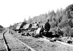 Im rückwärtigen Gebiet der Heeresgruppe Mitte - dem hauptsächlichen Operationsgebiet der Partisaneneinheiten - wurden zwischen Juni und Dezember 1942 durchschnittlich fünf bis sechs Anschläge auf Bahneinrichtungen pro Tag verübt. Im Jahr 1943 wurden insgesamt ca. 11.000 Gleissprengungen, 9.000 entgleiste Züge, 40.000 zerstörte Waggons und 22.000 vernichtete Fahrzeuge gezählt. Das Bild zeigt die entgleiste 55 3373 auf der Bahnstrecke St. Petersburg - Reval bei Slanzy. Die Lok wurde wieder ausgebessert und verschlug es anschließend genau in die Gegenrichtung. Ab 1944 war sie bei den Nederlandse Spoorwegen unterwegs, wo sie auch bei Kriegsende verblieb und unter der Nummer 4310 (später 4110) eingeordnet wurde. Im August 1947 wurde sie an die Reichsbahn zurückgegeben und war noch bis Mai 1960, zuletzt beim Bw Bremerhaven-Geestemünde im Einsatz. (1943) <i>Foto: Privatfoto</i>