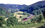 23 105 fährt im Lehental bei Deinsdorf mit Sonderzug D 19944 die Steigung von Hartmannshof nach Etzelwang hinauf. (19.06.1985) <i>Foto: Joachim Bügel</i>