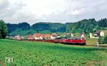 218 007 mit 218 228 vor einem Kokszug nach Sulzbach-Rosenberg bei Lehendorf kurz vor Etzelwang. (30.06.1985) <i>Foto: Wolfgang Bügel</i>