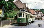 Auch die Nürnberger Straßenbahn beteiligte sich 1985 mit Nostalgiefahrten. Hier ist der 1929 bei MAN gebaute historische Straßenbahnwagen Nr. 876 im Originalzustand in Nürnberg-Erlenstegen unterwegs. (21.07.1985) <i>Foto: Wolfgang Bügel</i>