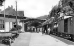 Ankunft eines Personenzuges in Oberschreiberhau (heute: poln. Szklarska Poreba), der zahlreiche Wanderer aus Hirschberg ins Riesengebirge brachte. (1931) <i>Foto: RVM</i>