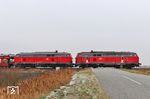 218 366 und 218 344 passieren mit Autozug D 1422 den Bü 155 "Raitkoog" bei Archsum auf dem Weg nach Westerland. (24.01.2019) <i>Foto: Joachim Bügel</i>