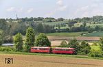 Vom 30. Mai bis 2. Juni 2019 feierte das Bayerische Eisenbahnmuseum in Nördlingen (BEM) sein 50. jähriges Jubiläum. Dem voraus gingen einige Sonderfahrten, die man durchaus als Auftakt zu der Veranstaltung bezeichnen kann. Hier sind 798 522 und 998 724 als Sonderzug zur Landesgartenschau in Wassertrüdingen bei Oettingen unterwegs. (26.05.2019) <i>Foto: Joachim Bügel</i>