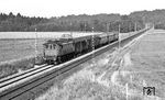 116 009 mit N 4540 nach Rosenheim bei Freilassing, wo gerade die alte Reichsbahn-Oberleitung erneuert wird. (07.1976) <i>Foto: Burkhard Wollny</i>
