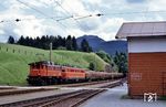 Die Wörgler 1245.001 leistet 1110.014 Vorspann, um einen Güterzug in Fieberbrunn über die Giselabahn zu bringen. (1983) <i>Foto: Günter Hauthal</i>