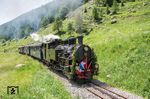 Lok 704 mit dem Sonderzug anlässlich ihrer Wiederinbetriebnahme auf der Zahnradstrecke zwischen Oberwald und Gletsch. (25.06.2019) <i>Foto: Joachim Schmidt</i>