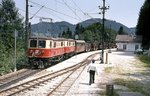 ÖBB 1099.09 + 1099.08 mit einem Güterzug auf der 760 mm Schmalspurbahn St.Pölten - Mariazell im Bahnhof Puchenstuben. (27.07.1983) <i>Foto: Peter Schiffer</i>