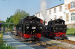 99 713 gehört der Sächsischen Dampfeisenbahngesellschaft und ist planmäßig auf der Lößnitzgrundgrundbahn unterwegs. Am Festwochenende bei der Döllnitzbahn war sie mit 99 584 im Einsatz, hier in Oschatz Südbahnhof. (25.08.2019) <i>Foto: Andreas Höfig</i>