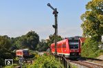 In Lindau-Aeschach begegnen sich der nach Lindau einfahrende 612 121 als RE 3290 aus Nürnberg und der ausfahrende 628 703 als RB 22722 nach Friedrichshafen Hafen. (11.09.2019) <i>Foto: Joachim Bügel</i>