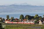 Der Bodenseeblick auf den Schweizer Säntis und RE 4212 mit einer 218 auf dem Weg nach Friedrichshafen bei Nonnenhorn. (12.09.2019) <i>Foto: Joachim Bügel</i>