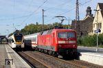 Schlusslok 120 146 am IC 2023 (Hamburg-Altona - Frankfurt/M) trifft in Wuppertal-Vohwinkel auf die Eurobahn ET 7.08 nach Hamm. (20.09.2019) <i>Foto: Wolfgang Bügel</i>