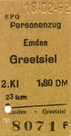 Eine Fahrkarte der EPG ein Jahr vor deren Einstellung. Die 23 km lange Fahrt von Emden nach Greetsiel kostete 1,80.- DM. (18.02.1962) <i>Foto: Gerd Wolff</i>