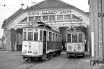 Tw 1104 (Baujahr 1939) mit dem Tw 2, der als Arbeitswagen bei der Rhein-Hardtbahn überlebte, am Depot in Bad Dürkheim. (10.04.1965) <i>Foto: Helmut Röth</i>