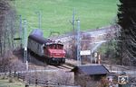 169 003 fährt mit N 6615 (Murnau - Oberammergau) in den Haltepunkt Seeleiten-Berggeist ein. (25.03.1981) <i>Foto: Prof. Dr. Willi Hager</i>