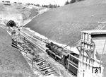 03 179 (Bw Köln-Deutzerfeld) passiert die Tunnelbaustellen zwischen Nirmer und Eilendorfer Tunnel auf dem Weg nach Aachen westlich von Stolberg. (1961) <i>Foto: Fischer</i>