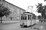 Tw 12 (II. Besetzung, LOWA, Baujahr 1951) auf dem knapp vier Kilometer langen Reststück der Stralsunder Straßenbahn zwischen Frankendamm und Knieperdamm. (16.06.1965) <i>Foto: Helmut Röth</i>