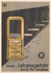 Dieses Unfallverhütungsplakat richtete sich wohl an die Zugschaffner, die Türen nicht vorzeitig zu öffnen, um keine Reisenden mit den geöffneten Türen bei der Einfahrt des Zuges an der Bahnsteigkante zu verletzten. Realistisch betrachtet, ging die größere Gefahr aber wohl von den Reisenden selbst aus, die diesen Hinweis ignorierten. Ein paar Jahre später erledigte sich diese Sache von selbst, weil es die "Tausendtüren-Züge" nicht mehr gab. (10.1953) <i>Foto: BSA Frankfurt</i>