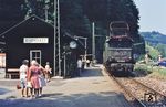 144 096 verlässt mit einem Personenzug nach Traunstein den Haltepunkt Eisenärzt, dessen Namen auf den seit alter Zeit betriebenen Eisenerzbergbau erinnert. (1976) <i>Foto: Dieter Junker</i>