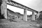 Die 270 m lange Eistalbrücke liegt an einer eingleisigen Nebenbahn, die von Grünstadt durch das Tal des Eisbachs nach Enkenbach-Alsenborn führt. 1945 fand eine Bestandsaufnahme der Schäden an der Brücke statt, die auch vom Fotografen der RBD Mainz dokumentiert wurde. (1945) <i>Foto: RBD Mainz, Slg. W. Löckel</i>