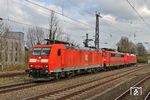 Die Freitags-Lz T 64486 von Gremberg nach Oberhausen West mit 185 031, 151 043 und 152 074 in Hilden. (03.04.2020) <i>Foto: Joachim Bügel</i>