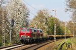 EfW 215 021 und 218 455 fahren mit Bauz 92997 (Bochum Hbf - Darmstadt-Kranichstein) bei Haan-Ellscheid an den Vorboten des Frühlings vorbei. (07.04.2020) <i>Foto: Joachim Bügel</i>