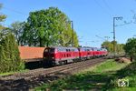 Lokzug DbZ 94465, bestehend aus EfW 215 021 + 218 455 + 215 023 + 215 028 nördlich von Recklinghausen. (22.04.2020) <i>Foto: Michael Hubrich</i>