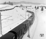 Nachschuss auf den durch den Schnee bei Bergen/Obb. fahrenden Güterzug mit E 94 151. Im Hintergrund die Autobahnbrücke der A 8. (1957) <i>Foto: Reinhold Palm</i>