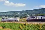 410 001 und 103 004 mit Messzügen auf der Schnellfahrstrecke Hannover – Würzburg im Betriebsbahnhof Burgsinn. (19.09.1986) <i>Foto: Klaus D. Holzborn</i>