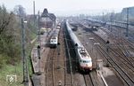 103 240 überholt mit IC 175 "Otto Hahn" (Hamburg-Altona - Fulda - Basel) im Bahnhof Eichenberg einen Güterzug mit einer 140. (01.05.1980) <i>Foto: Prof. Dr. Willi Hager</i>