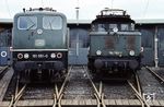 Zwei Generationen von Güterzugloks präsentieren sich im Bw Nürnberg Rbf. Während 194 564 als "nachgebaute" E 94 264 am 25.09.1954 in Dienst gestellt wurde, stammte 151 051 aus der zweiten Nachfolgeneration aus dem Jahr 1974. (26.10.1980) <i>Foto: A. Wagner</i>