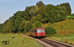 798 706 und 998 840 der Passauer Eisenbahnfreunde kämpft sich am frühen Morgen zwischen Neuhausmühle und Röhrnbach bergan. (13.09.2020) <i>Foto: Ralf Opalka</i>