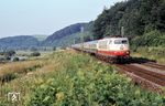 103 197 mit IC 693 "Hohenstaufen" (Hamburg-Altona - München) im Leinetal bei Olxheim. (24.07.1980) <i>Foto: Prof. Dr. Willi Hager</i>