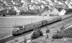 221 148 mit D 481 (Stuttgart - Zürich) auf der Gäubahn bei Neufra. Nach einem Unfall am 09. Mai 1974 mit 052 839 bei Schwenningen schied die Lok als erste ihrer Baureihe aus dem Betriebsdienst aus. (24.06.1972) <i>Foto: Burkhard Wollny</i>