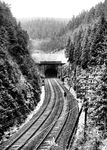 Blick auf das Ostportal des 1884 eröffneten Brandleitetunnels, der den Scheitel des Thüringer Waldes bei Oberhof durchquert. Mit einer Länge von 3039 m war er bis 2013 (Fertigstellung des Finnetunnels) der längste Eisenbahntunnel Thüringens und davor auch der längste der Deutschen Reichsbahn in der DDR. Durch den Tunnel führt die zweigleisige Bahnstrecke Meiningen - Arnstadt zwischen den Bahnhöfen Gehlberg (598 m ü. NN) und Oberhof (639 m ü. NN). Der unterquerte Rennsteig ist an dieser Stelle etwa 900 m hoch. Der Tunnel selbst verläuft gerade und nahezu in West-Ost-Richtung, nur die letzten Meter vor dem westlichen Portal haben eine leichte Krümmung nach Süden.  (1934) <i>Foto: RVM</i>