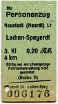 Fahrkarte der 29 km langen Lokalbahn Neustadt - Speyer. 1956 wurden der Personen- und Güterverkehr eingestellt, die Strecke danach abgebaut.  (11.02.1947) <i>Foto: Prof. Wolfgang Reisewitz</i>