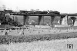 Über die behelfsmäßig wiederaufgebaute Mariaorter Brücke über die Donau bei Regensburg rollt ein Güterzug mit zwei 44ern. (1948) <i>Foto: RBD Regensburg</i>