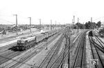 E 41 032 (Bw Offenburg) fährt mit P 3247 aus Heidelberg in Mannheim Hbf ein. Von rechts fädelt die Rheintalbahn aus Karlsruhe ein, im Hintergrund links zweigt die Strecke nach Waldhof ab. (02.09.1962) <i>Foto: Helmut Röth</i>