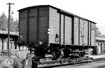 Auf einem Rollwagen verladener normalspuriger Güterwagen im Bahnhof Bertsdorf. Der gedeckte Güterwagen wurde in Frankreich als ETAT I ab 1904 bis 1920 beschafft. Nach 1945 verblieben viele dieser Wagen in Deutschland und die DR (Ost) baute sie um. Sie erhielten Lade- bzw. Lüftungsöffnungen und z.T. auch Gleitachslager der DRG wie dieser Wagen. Auch wurden die schmalen Felder mit Blech verstärkt, was nicht bei allen Wagen ausgeführt wurde. Der Wagen besitzt auch noch die typischen Puffer der ETAT. (06.06.1971) <i>Foto: Michael Malke</i>