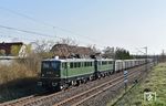 EPG 142 150 und 142 118 mit dem Ea-Wagenzug nach Horka bei Gerstenberg zwischen Altenburg und Treben-Lehma. (04.04.2021) <i>Foto: Ralf Opalka</i>