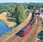 DR 120 338 (Bw Gera) mit einem Güterzug im Bahnhof Neumühle/Elster, der heute bis auf ein Gleis alle Anlagen eingebüßt hat. (26.09.1991) <i>Foto: Joachim Schmidt</i>