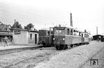 In Bühl (Baden) wartet der MEG T 13 (Wismar, Baujahr 1941) mit Bw 6 auf die Anschlussfahrgäste von der DB. (09.06.1963) <i>Foto: Helmut Röth</i>