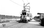 Anlässlich der Elektrifizierung der Strecke Mannheim–Heidelberg erfolgte 1928 die Lieferung von insgesamt 21 sog. Halbzügen. Bei den Halbzügen handelte es sich jeweils um einen vierachsigen Triebwagen und gleichartigen vierachsigen Steuerwagen, die mittels einer Kurzkupplung fest verbunden waren. Zwischen den Wagen war ein Übergang für den Schaffner vorhanden. Sie trugen die Betriebsnummern 21/22 bis 61/62 und verfügten über zwei mal 29 Sitzplätze. Zur flexiblen Zugbildung war es möglich, zwei Halbzüge zu einem Ganzzug zu kuppeln und beide Triebwagen dieses Zuges von einem Führerstand aus zu steuern. Die Halbzüge verrichteten bis zum 2.?März 1974 ihren Dienst. Tw 34/33 ist mit Tw 43/44 im Haltepunkt Neckarhausen unmittelbar am Neckar eingetroffen. (22.05.1969) <i>Foto: Helmut Röth</i>